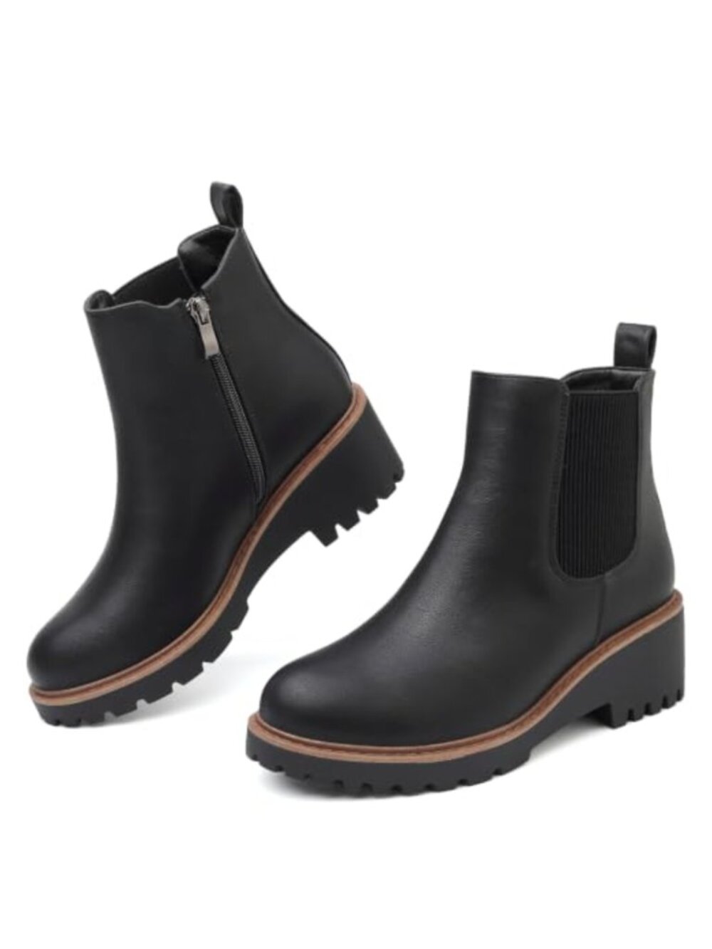 Faux Leather Platform Chelsea Ankle Booties Lug Sole Side Zip Women's Boots